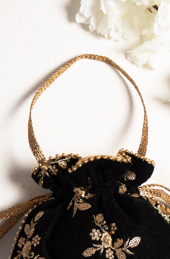 Black Velvet Embroidered Potli Bag