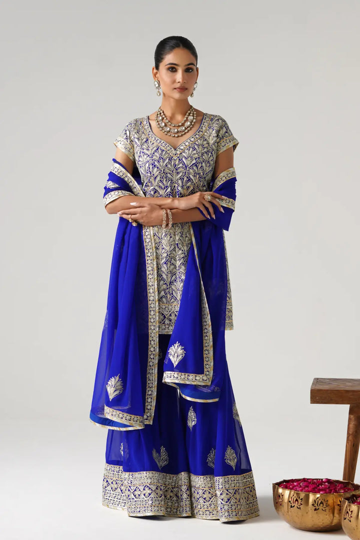 Dilruba - Short Kurta Sharara Set - Blue