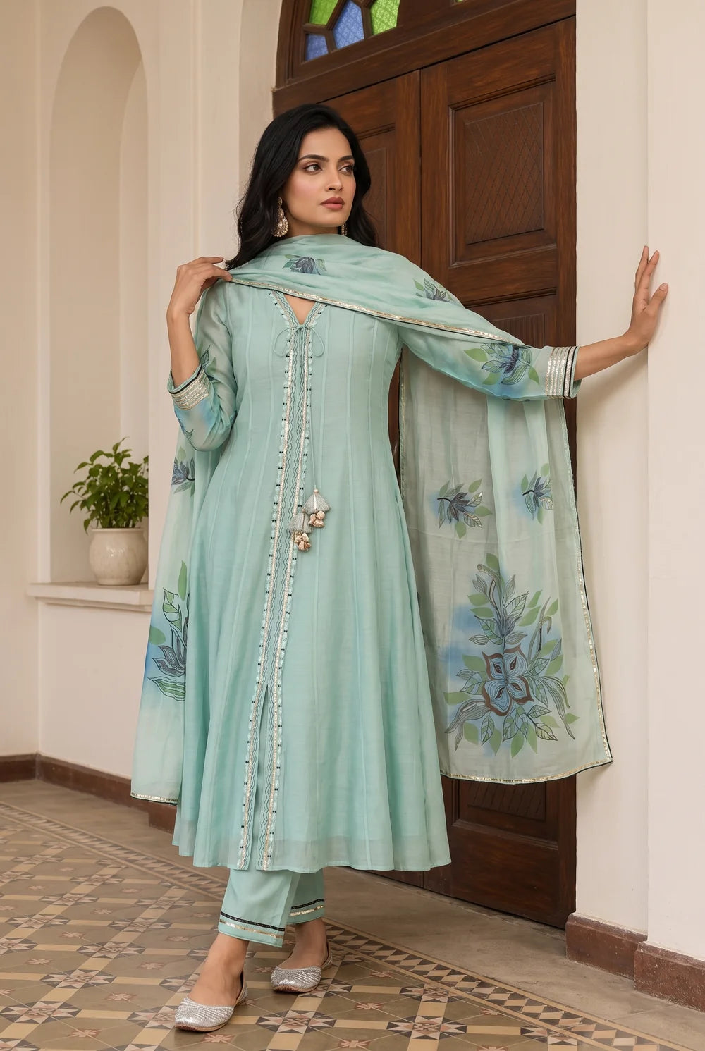 Zoa Mul Chanderi Anarkali Set in Aqua Blue