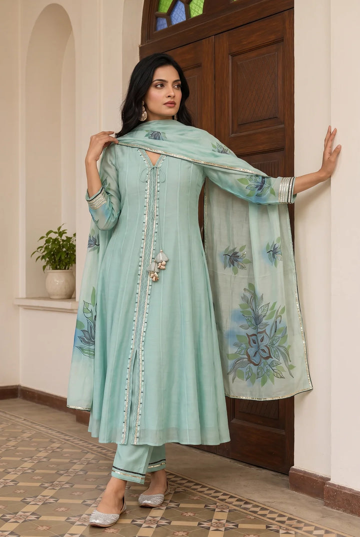 Zoa Mul Chanderi Anarkali Set in Aqua Blue
