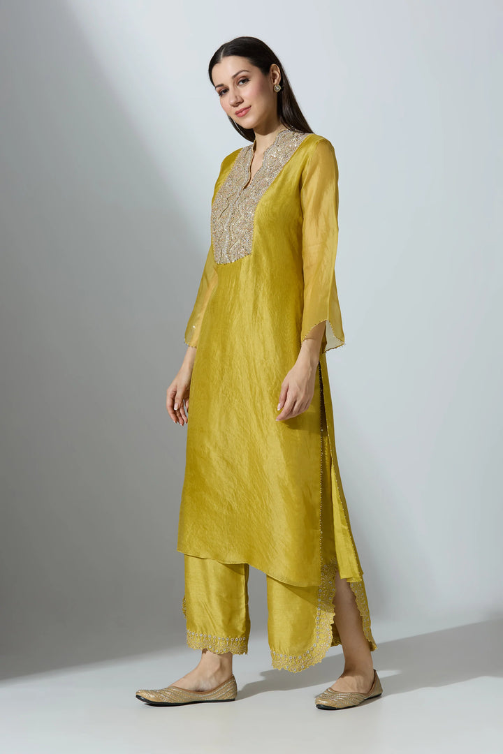 Yellow Organza Kurta Set With Pant