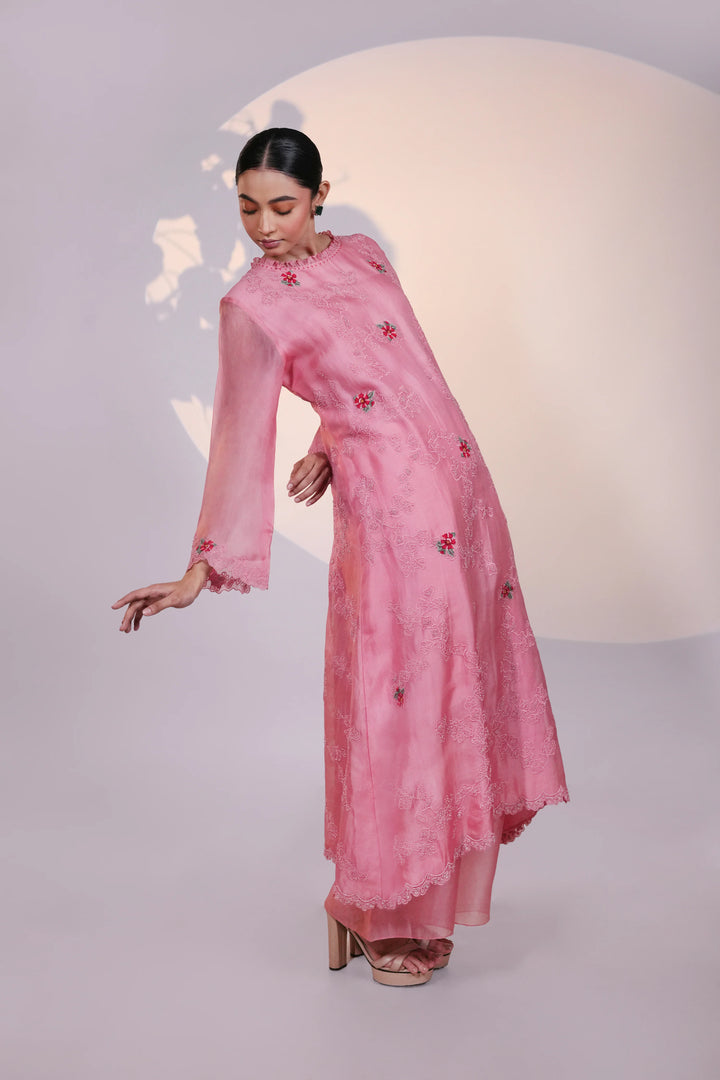 Peach Organza Kurta With Pant