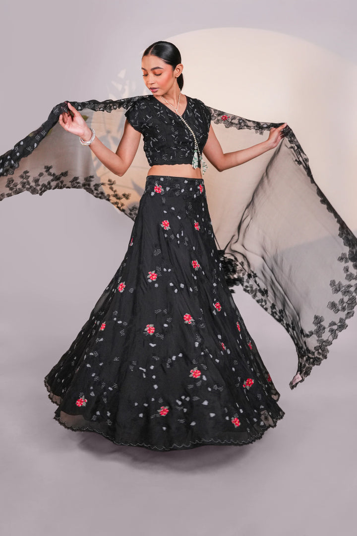 Black Dancing Daisies Organza Lehenga Set