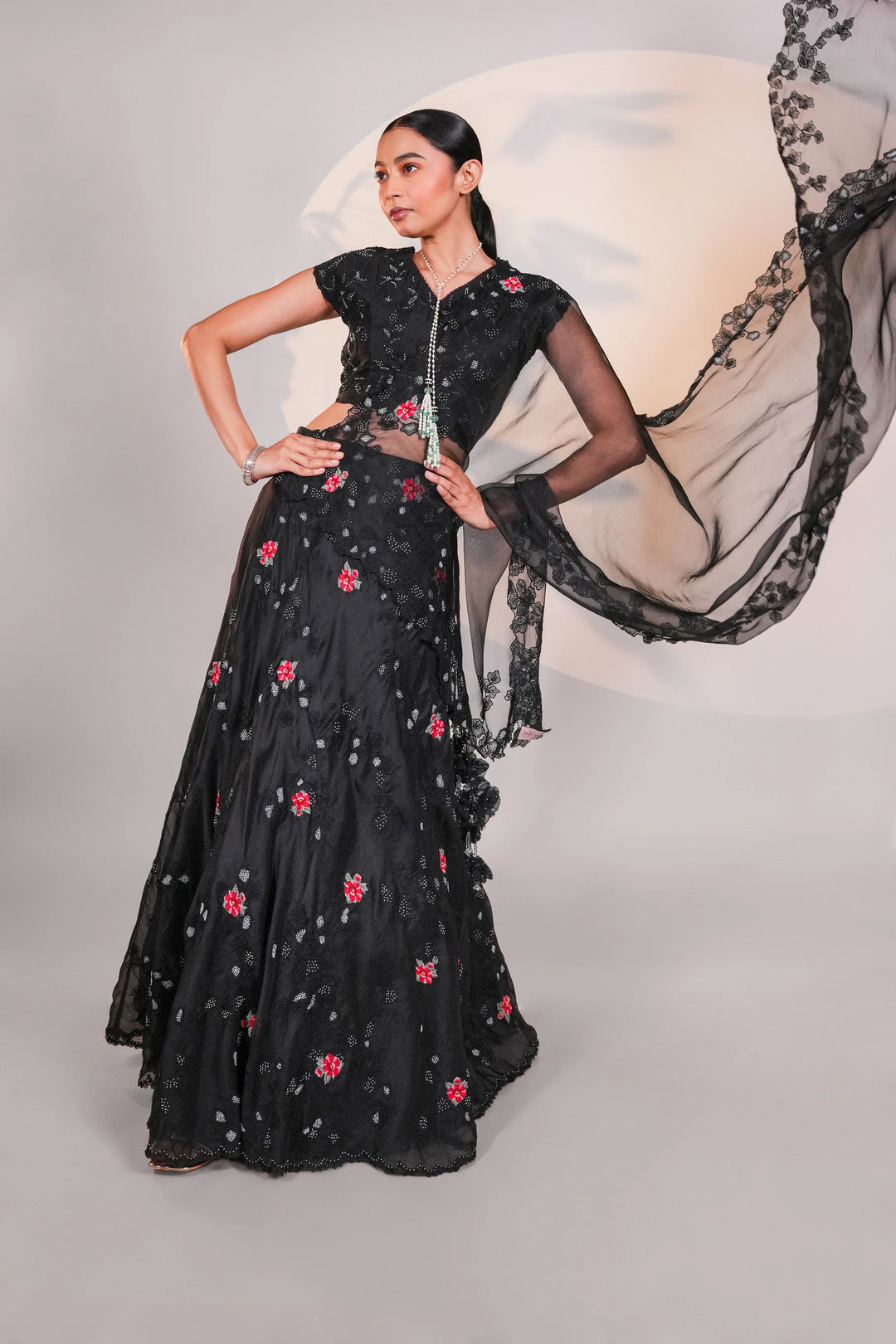 Black Dancing Daisies Organza Lehenga Set