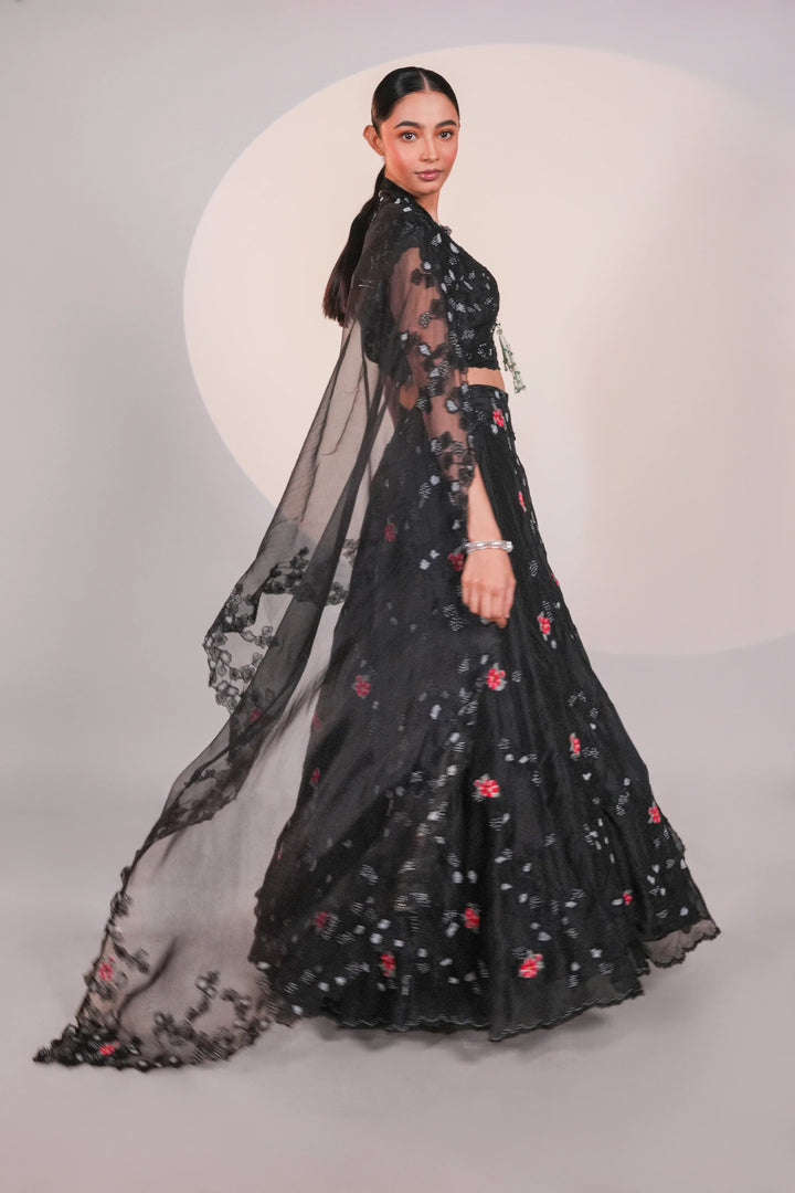 Black Dancing Daisies Organza Lehenga Set