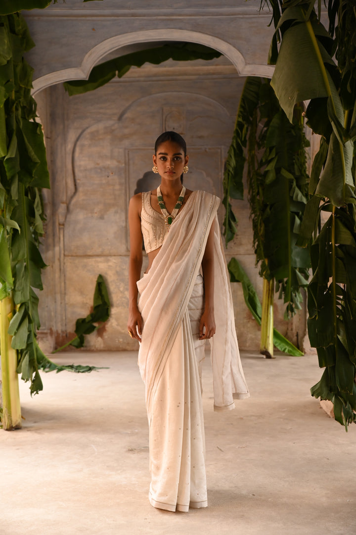 ivory half organza and half silk saree with blouse