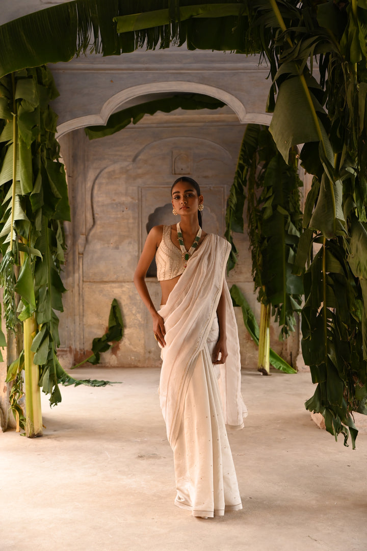 ivory half organza and half silk saree with blouse