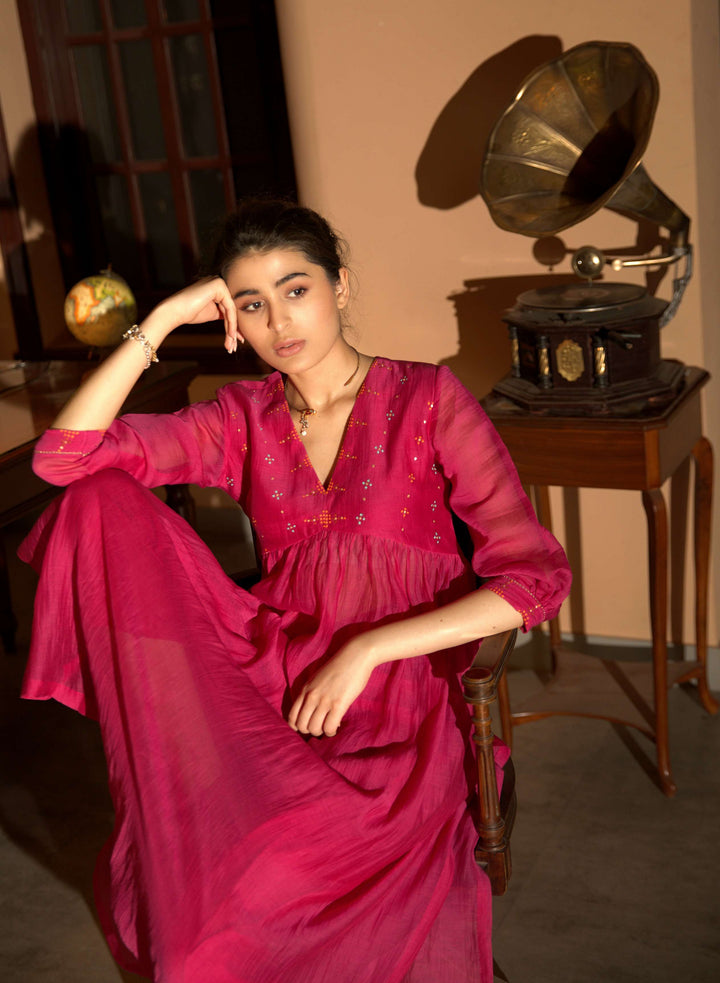 pink hand embroidered gather kurta set
