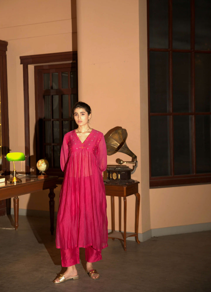 pink hand embroidered gather kurta set