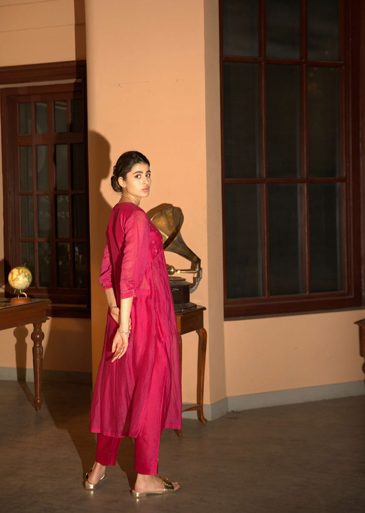 pink hand embroidered gather kurta set