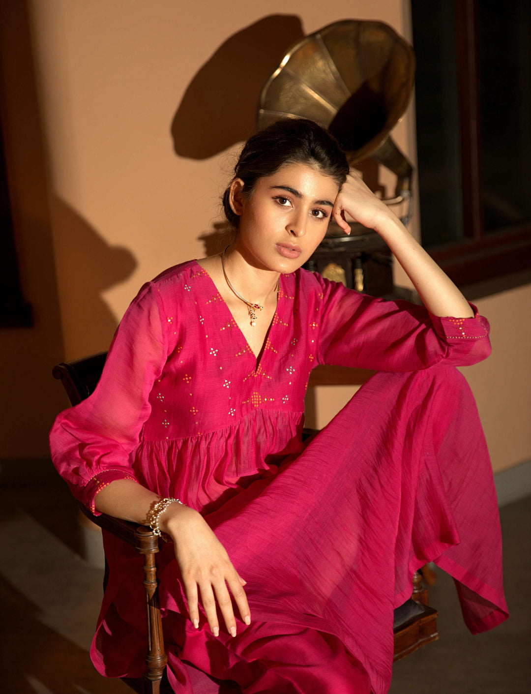 pink hand embroidered gather kurta set