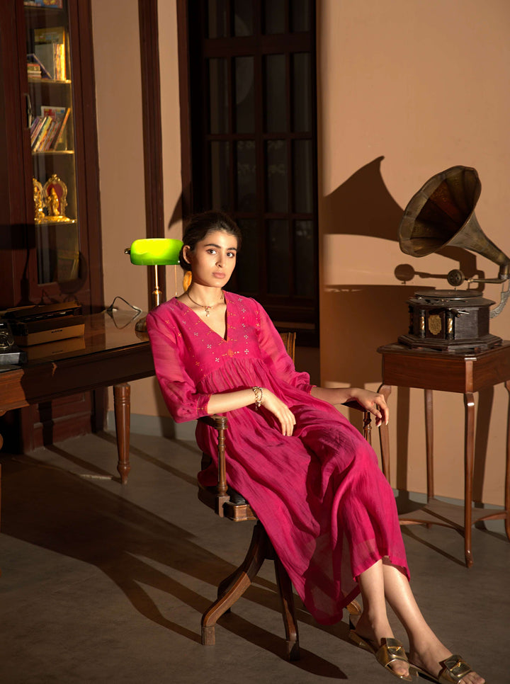 pink hand embroidered gather kurta set