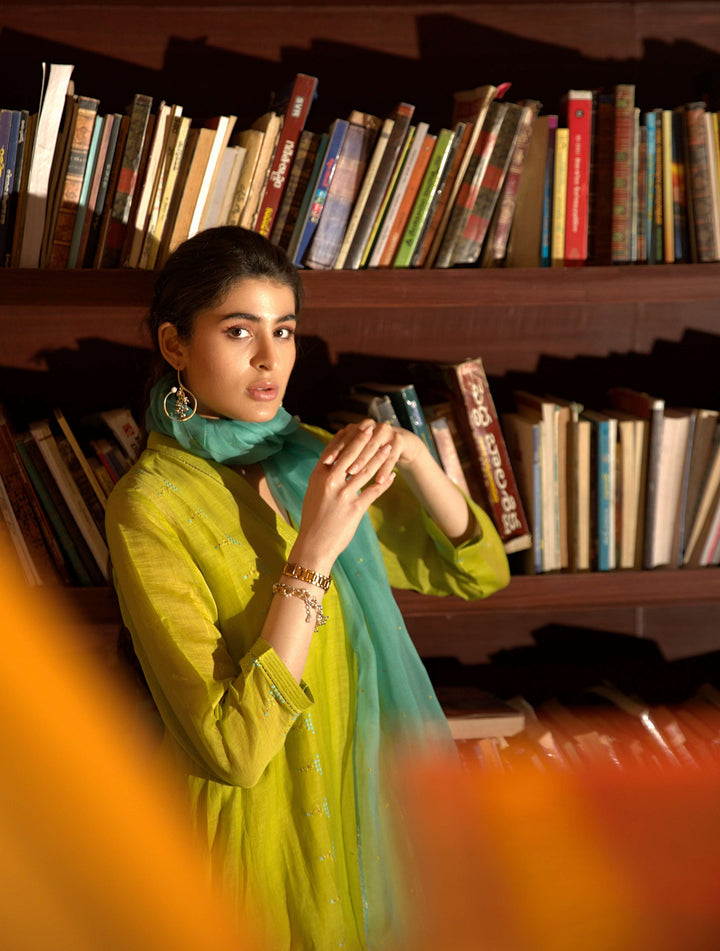 neon green side panelled a-line kurta set