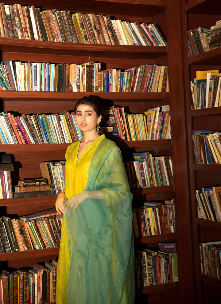 neon green side panelled a-line kurta set