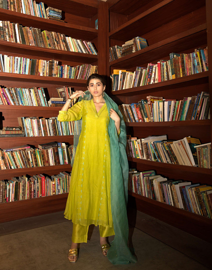 neon green side panelled a-line kurta set