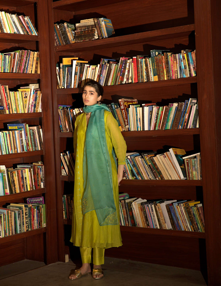 neon green side panelled a-line kurta set