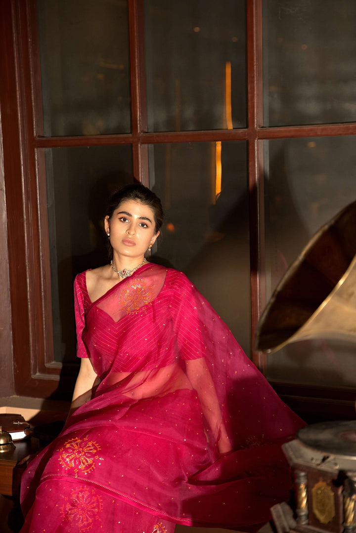 pink hand embroidered saree