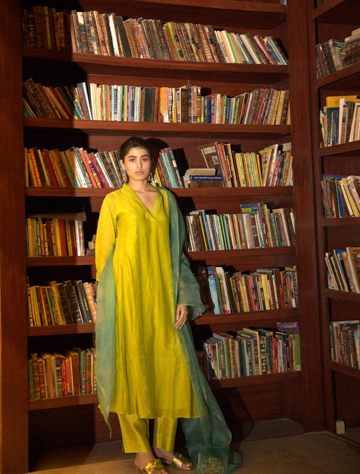 neon green side panelled a-line kurta set