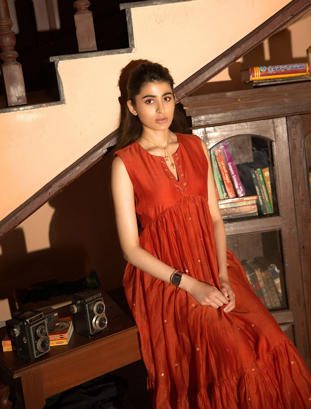 rust orange long dress