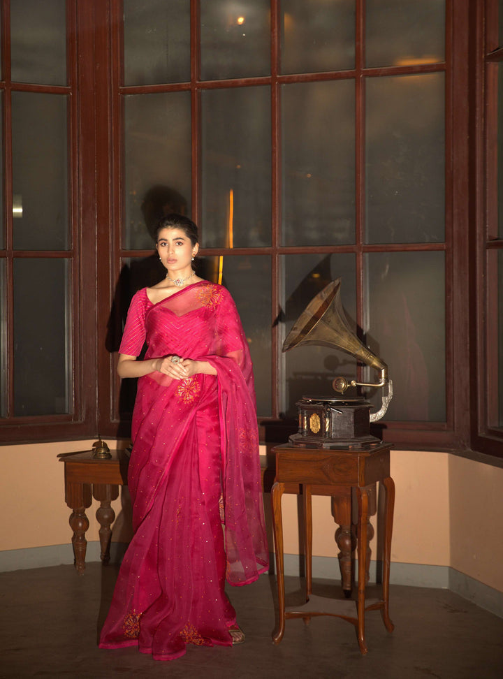 pink hand embroidered saree
