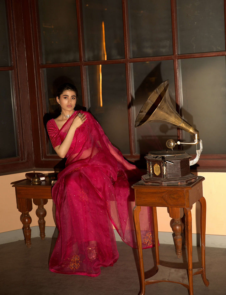 pink hand embroidered saree