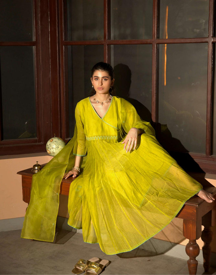 neon green anarkali set
