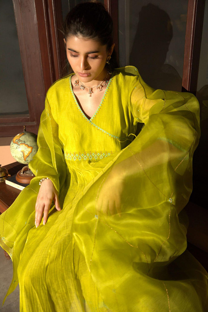 neon green anarkali set