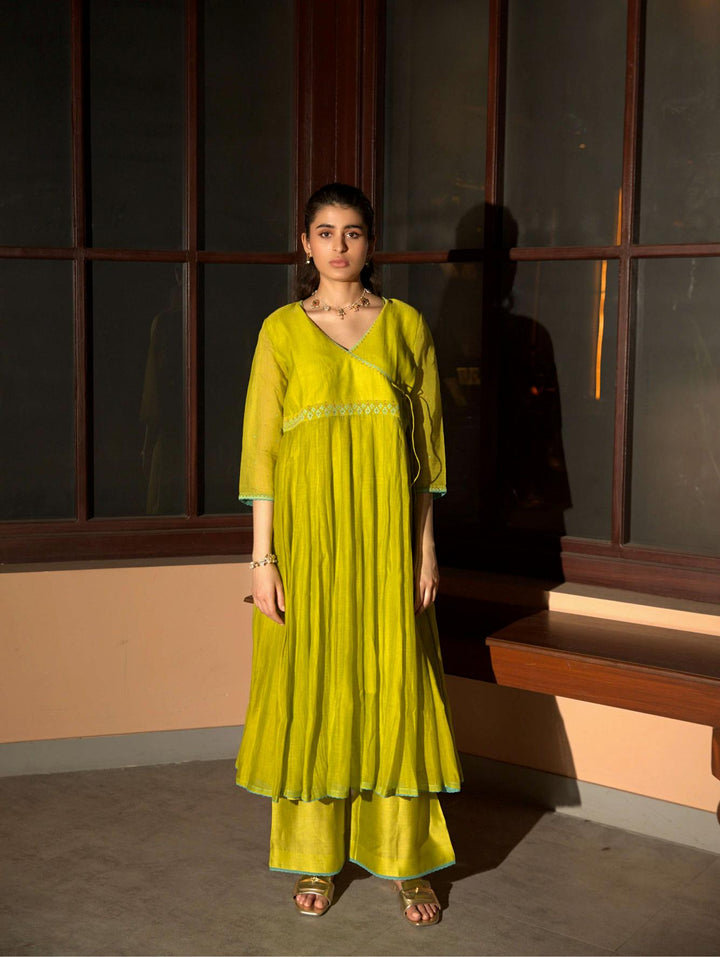 neon green anarkali set
