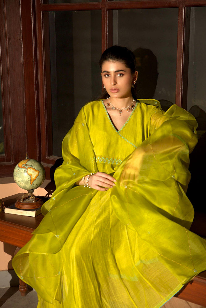 neon green anarkali set