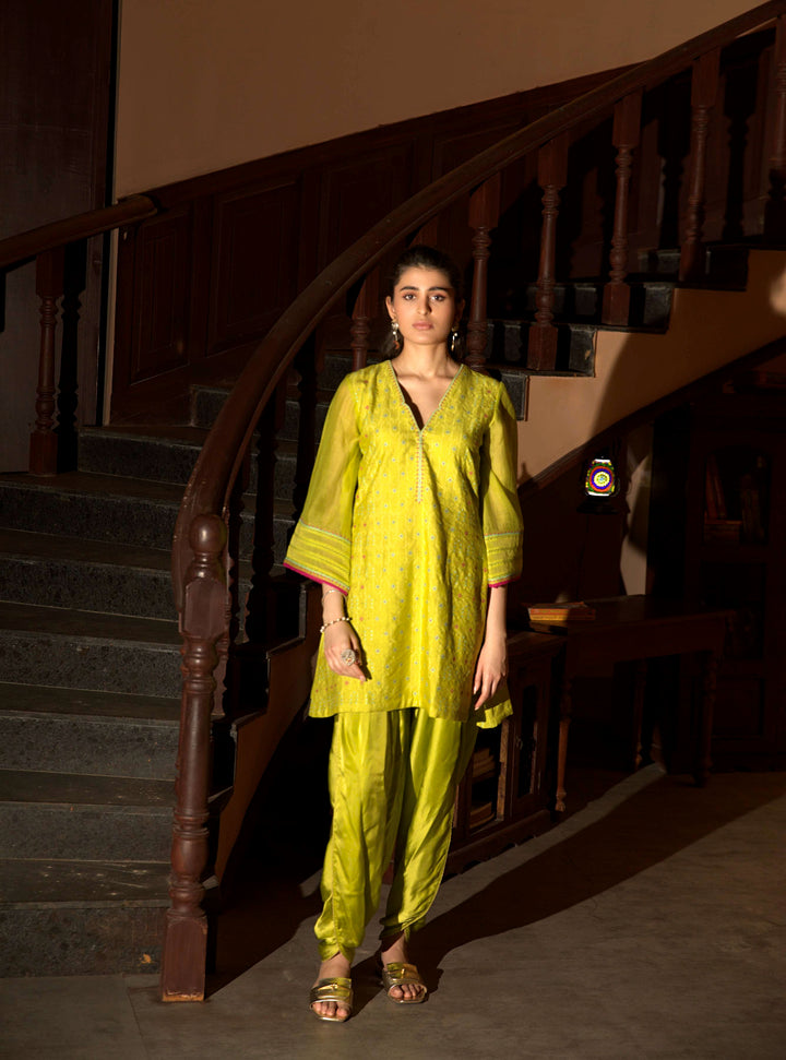 neon green short kurta set