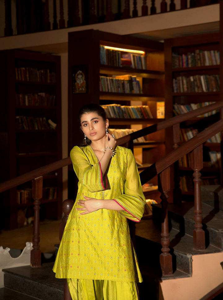 neon green short kurta set