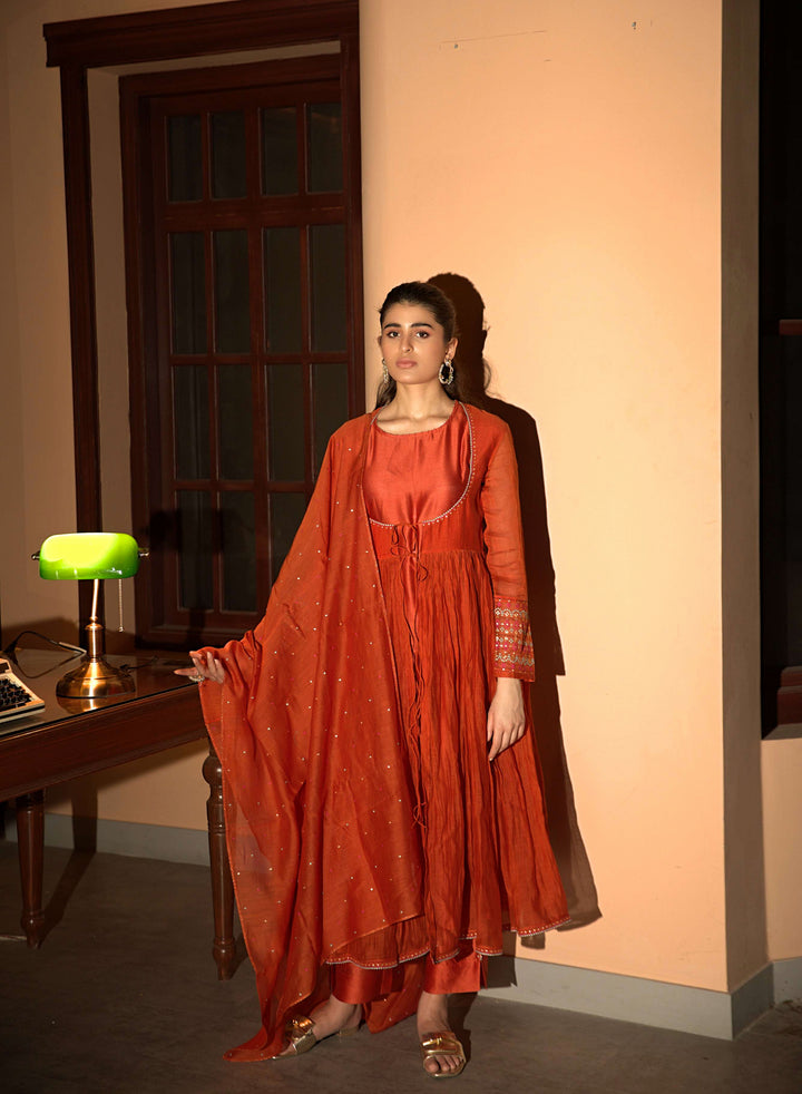 rust orange gathered angrakha set