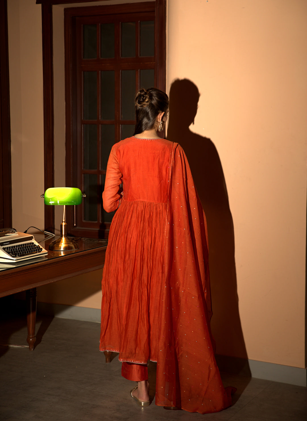rust orange gathered angrakha set