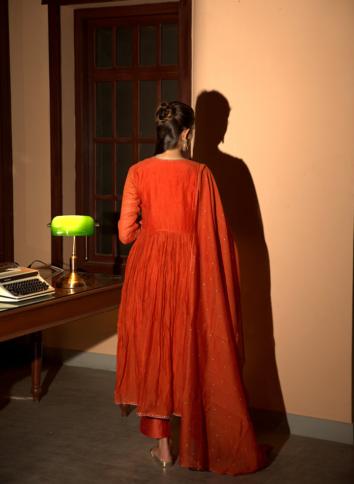 rust orange gathered angrakha set