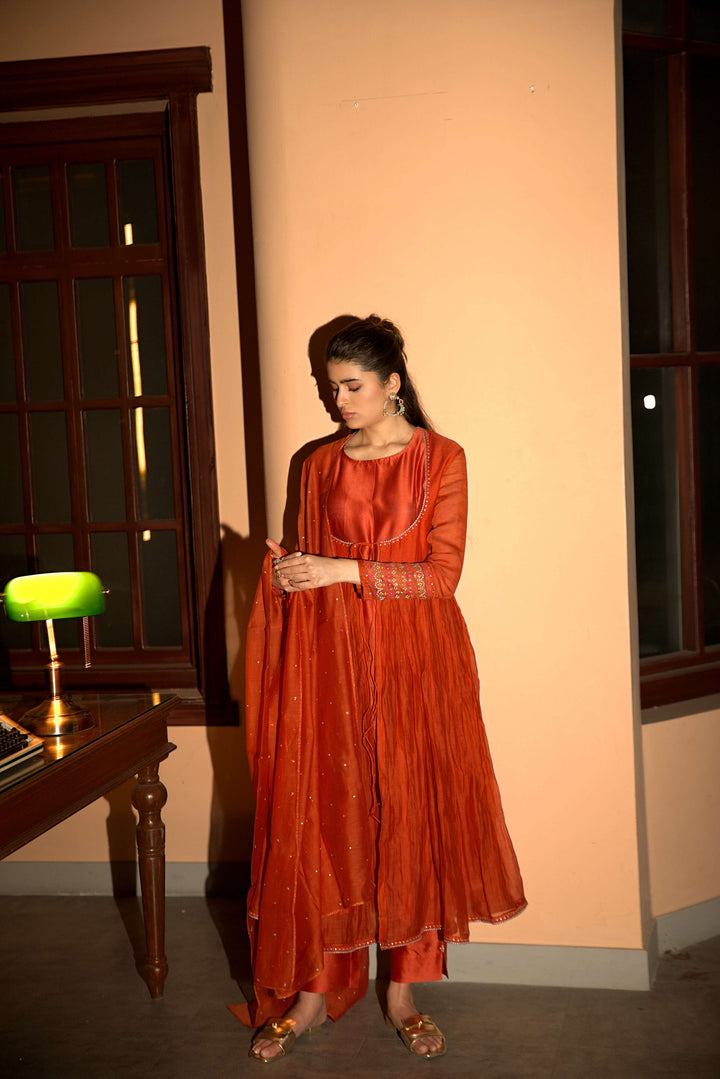 rust orange gathered angrakha set