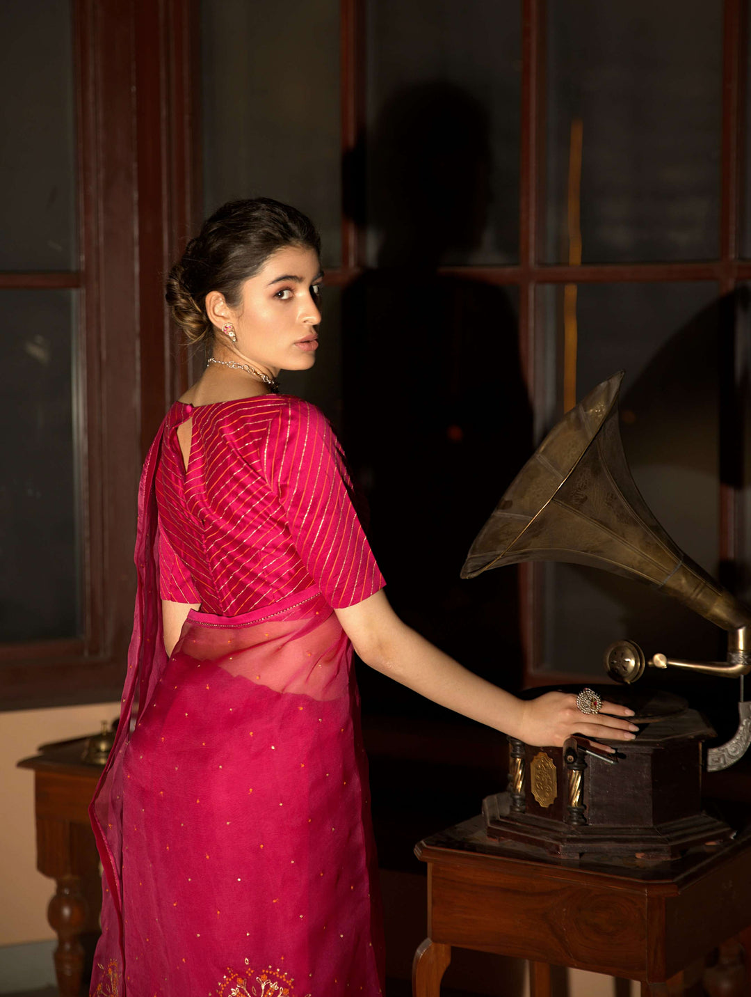 pink hand embroidered saree
