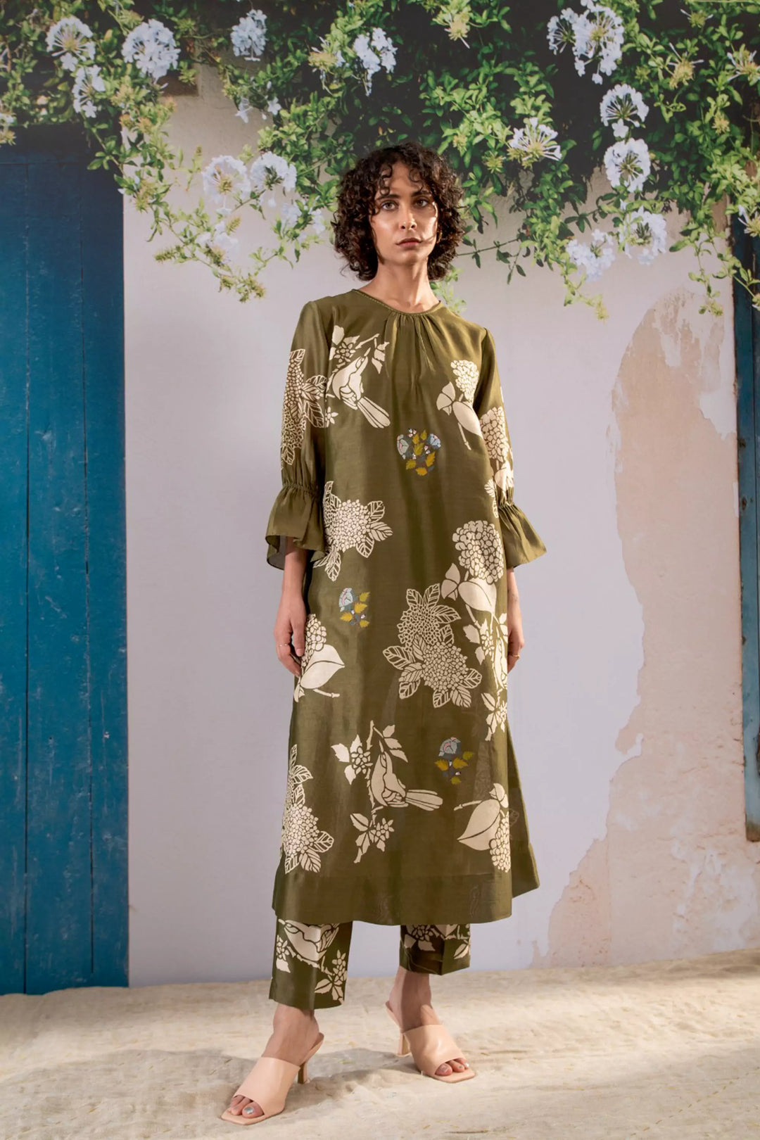 Discharge Print Olive Kurta Set