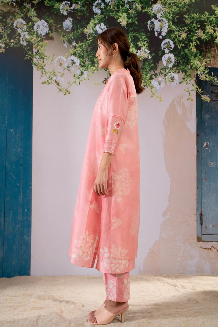 Discharge Print Pink Kurta Set With Organza Dupatta