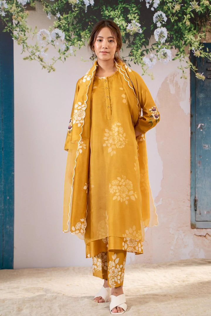 Discharge Print Ochre Kurta Set With Organza Dupatta