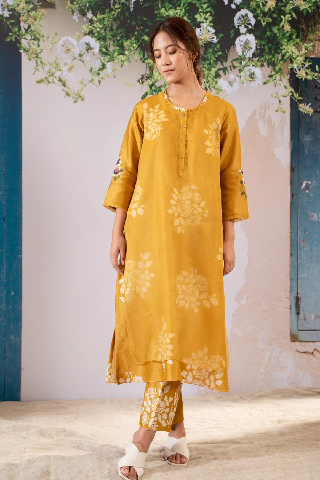 Discharge Print Ochre Kurta Set With Organza Dupatta