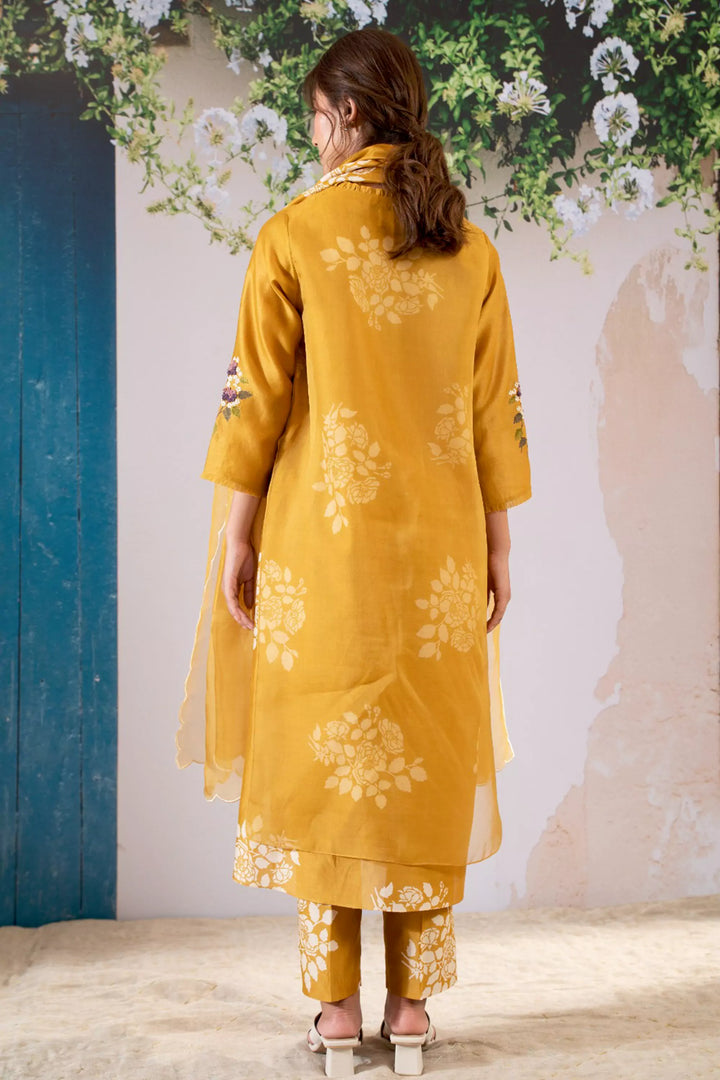 Discharge Print Ochre Kurta Set With Organza Dupatta