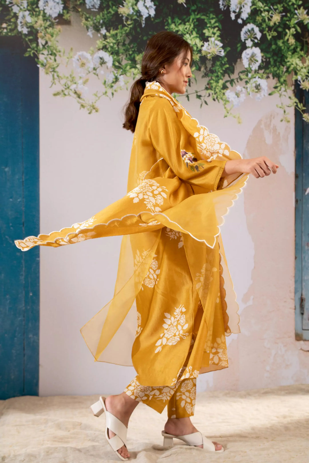 Discharge Print Ochre Kurta Set With Organza Dupatta