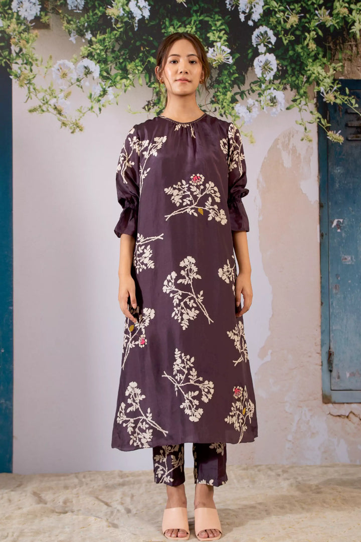 Discharge Print Lavender Kurta Set With Organza Dupatta