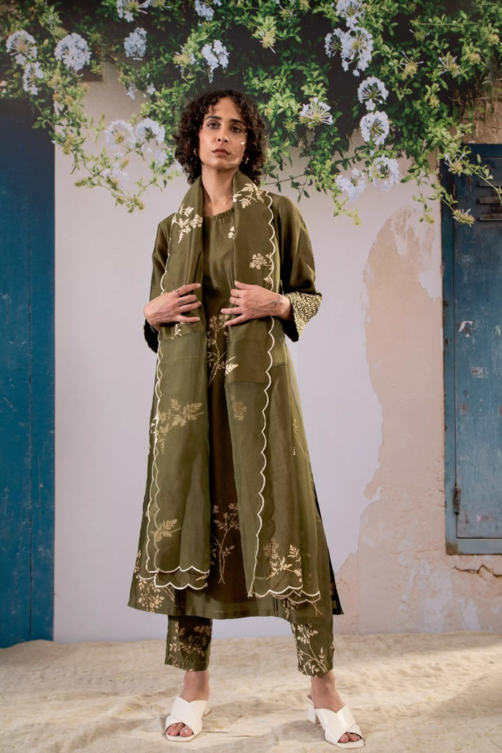 Discharge Print Olive Kurta Set With Organza Dupatta