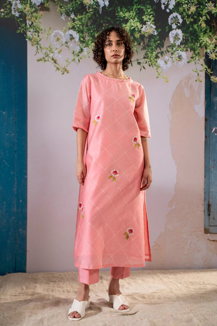 Discharge Print Pink Kurta Set With Organza Dupatta