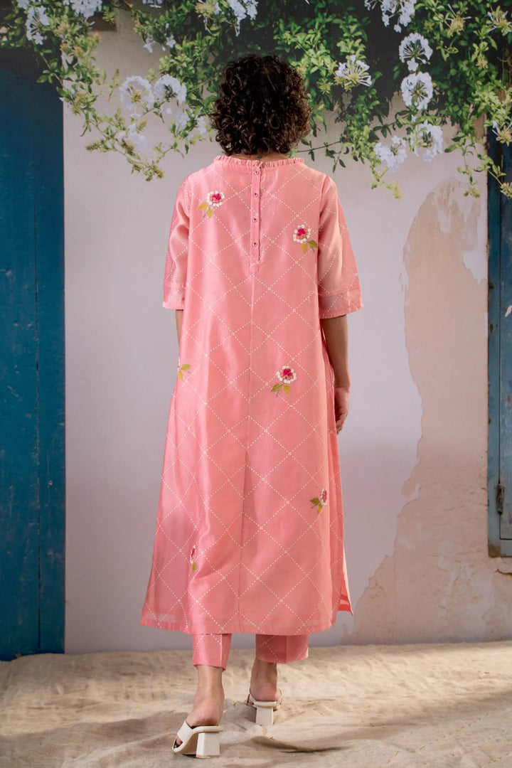 Discharge Print Pink Kurta Set With Organza Dupatta