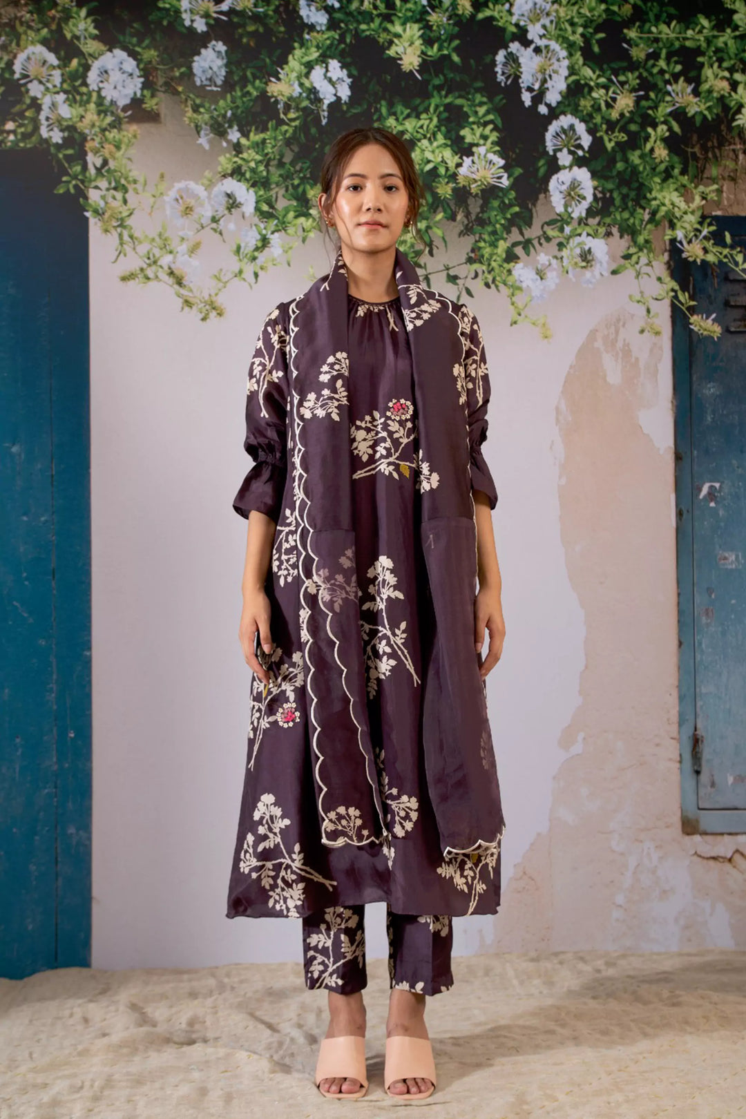 Discharge Print Lavender Kurta Set With Organza Dupatta