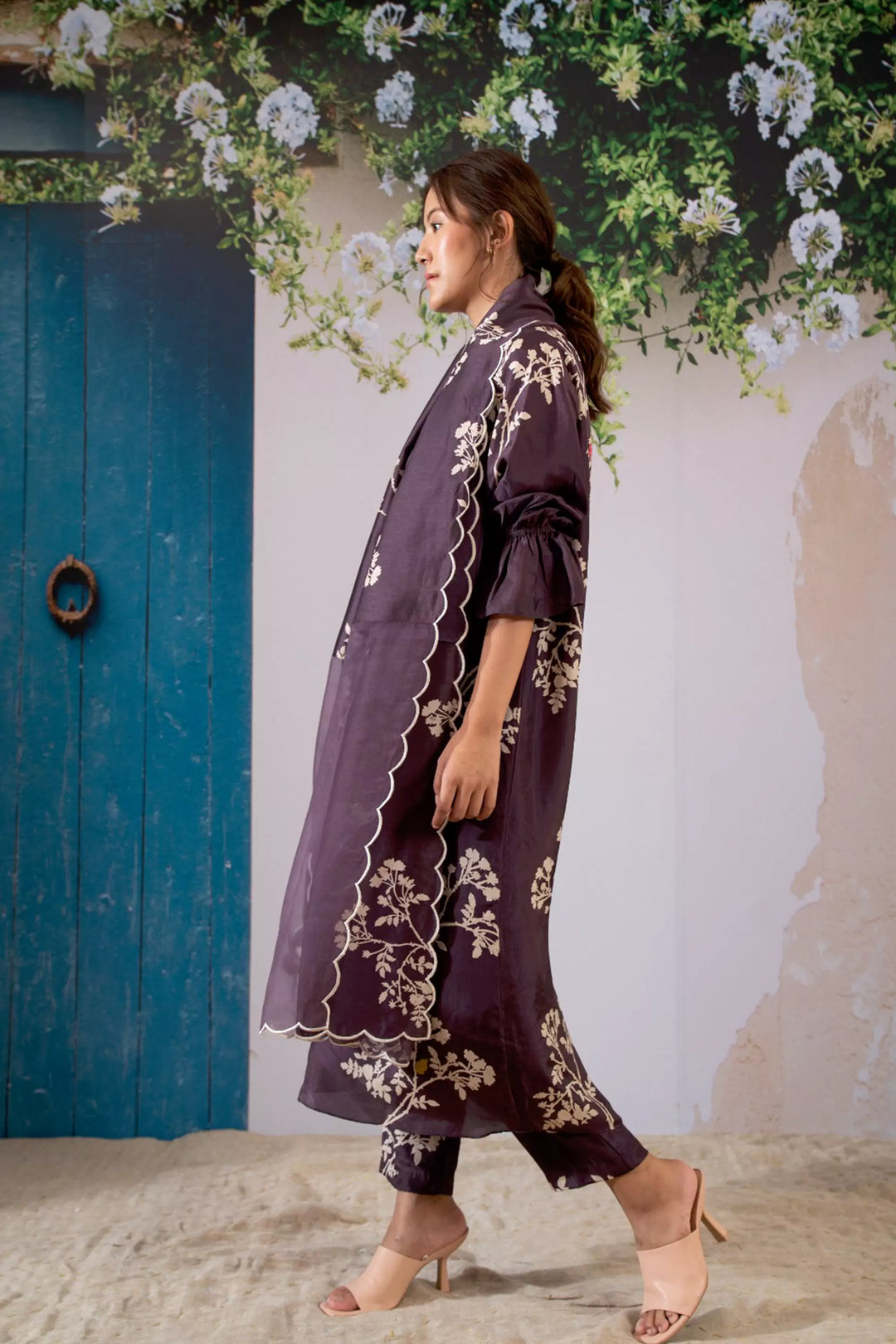 Discharge Print Lavender Kurta Set With Organza Dupatta