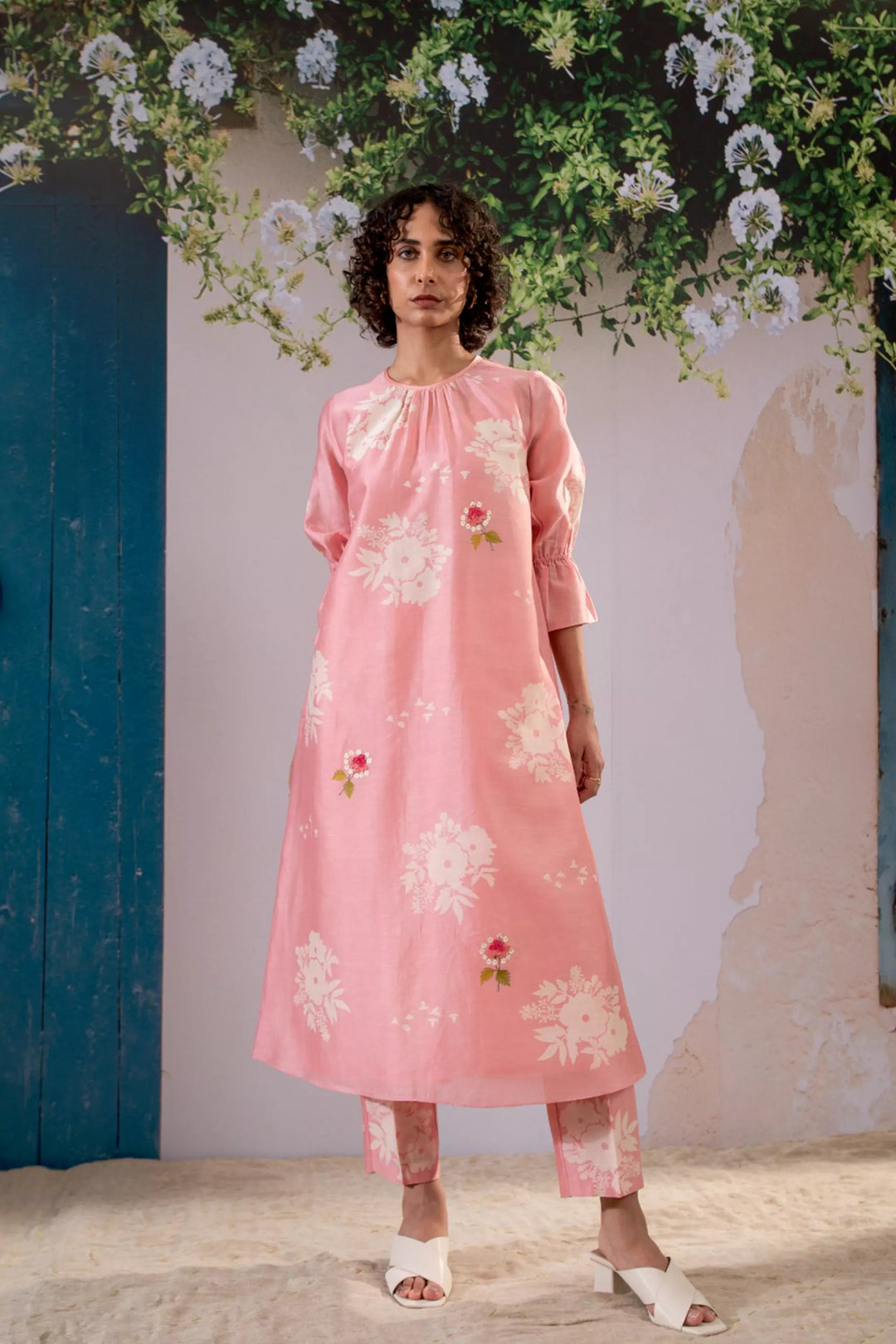 Discharge Print Pink Kurta Set With Organza Dupatta