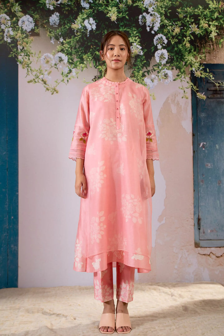 Discharge Print Pink Kurta Set With Organza Dupatta